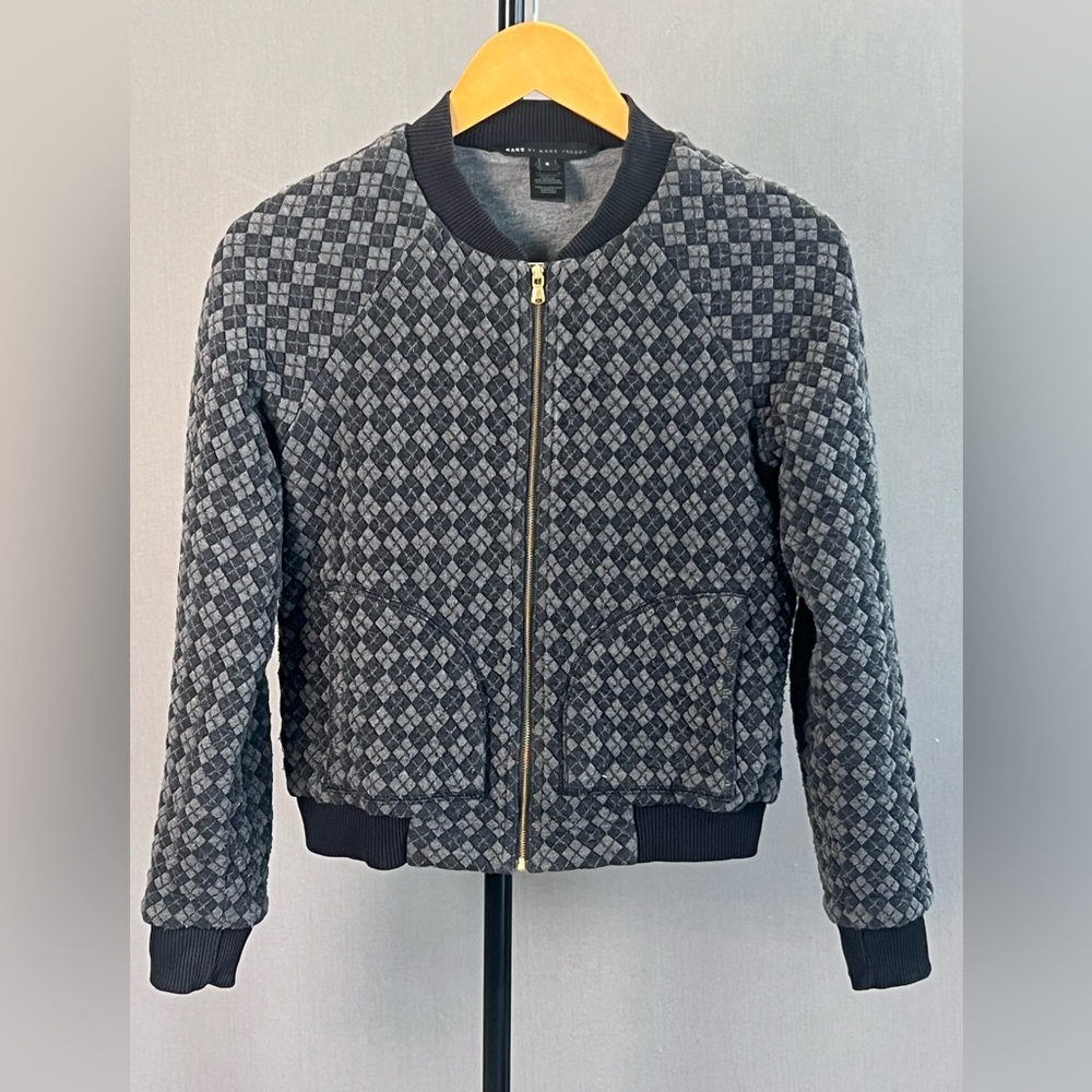 Grey Black Checkered Bomber Jacket. Cotton